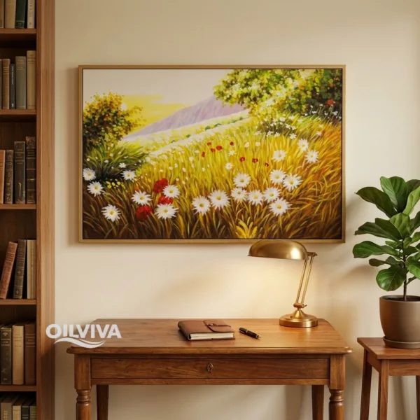 OilViva Daisy Poppy Meadow Oil Painting | Golden Field Landscape Art