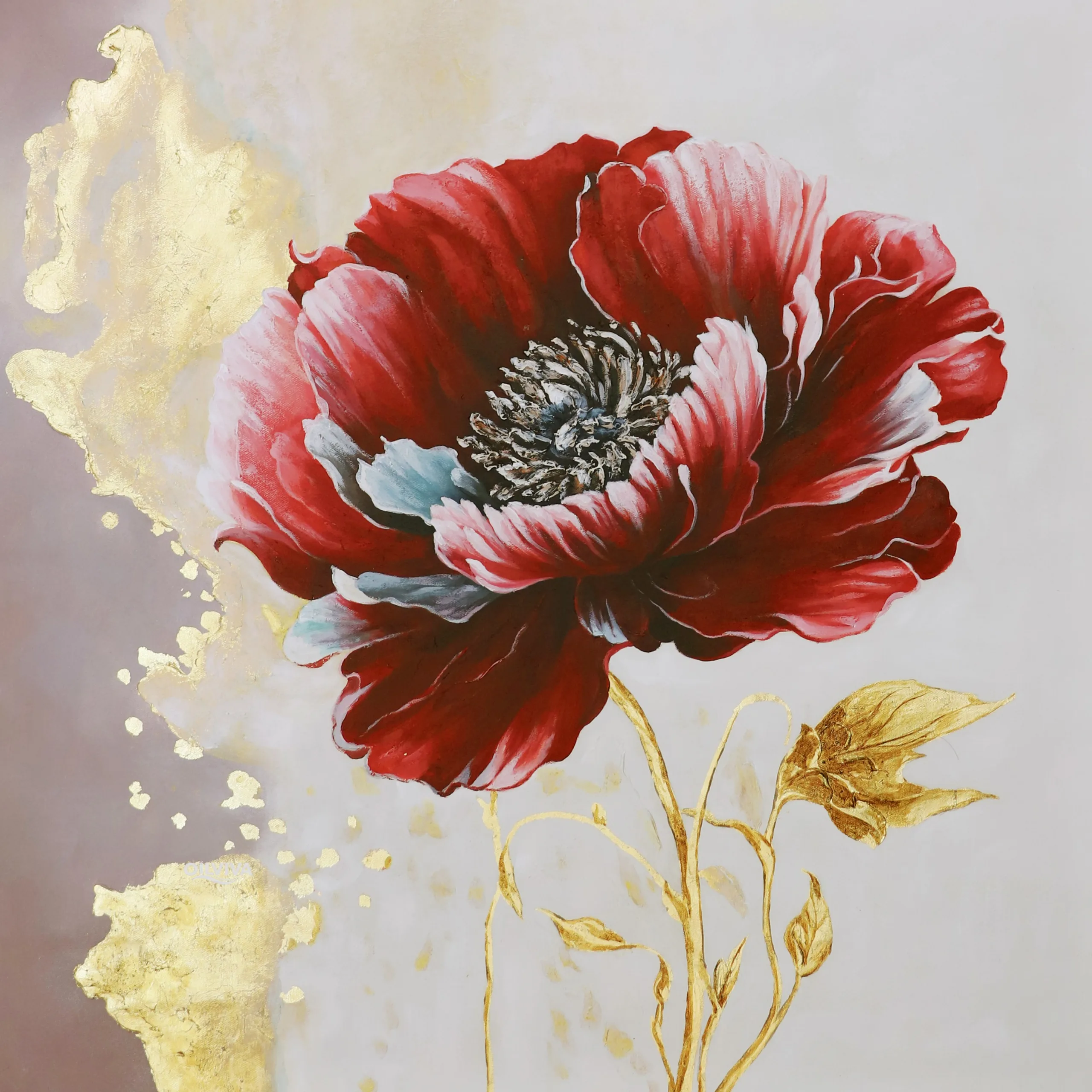 OilViva Crimson Poppy Gold Leaf Oil Painting | Luxury Floral Square Art