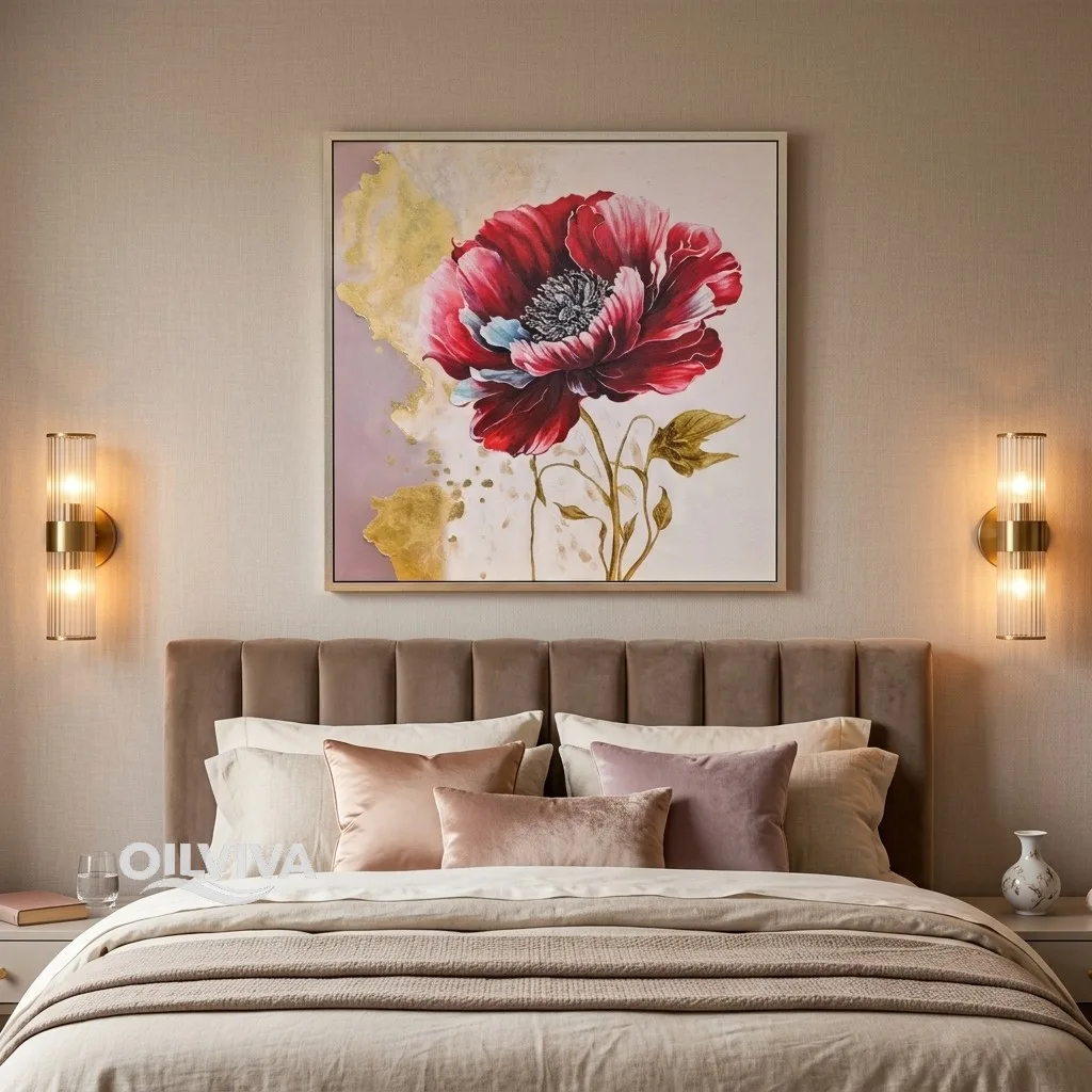 OilViva Crimson Poppy Gold Leaf Oil Painting | Luxury Floral Square Art - Image 2