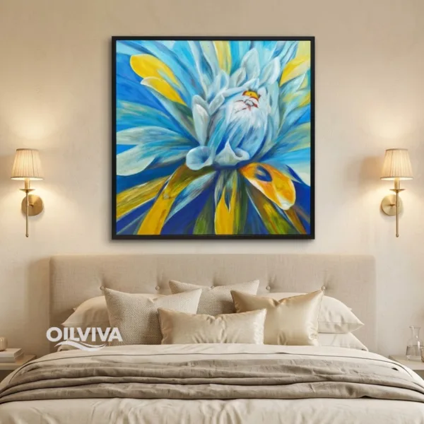 OilViva Blue Iris Flower Oil Painting | Yellow Accent Square Canvas