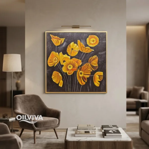 OilViva Golden Poppies Oil Painting | Dark Background Impasto Art
