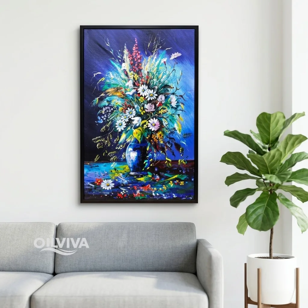 OilViva Wildflower Bouquet Blue Vase Oil Painting | Impasto Still Life Art - Image 2