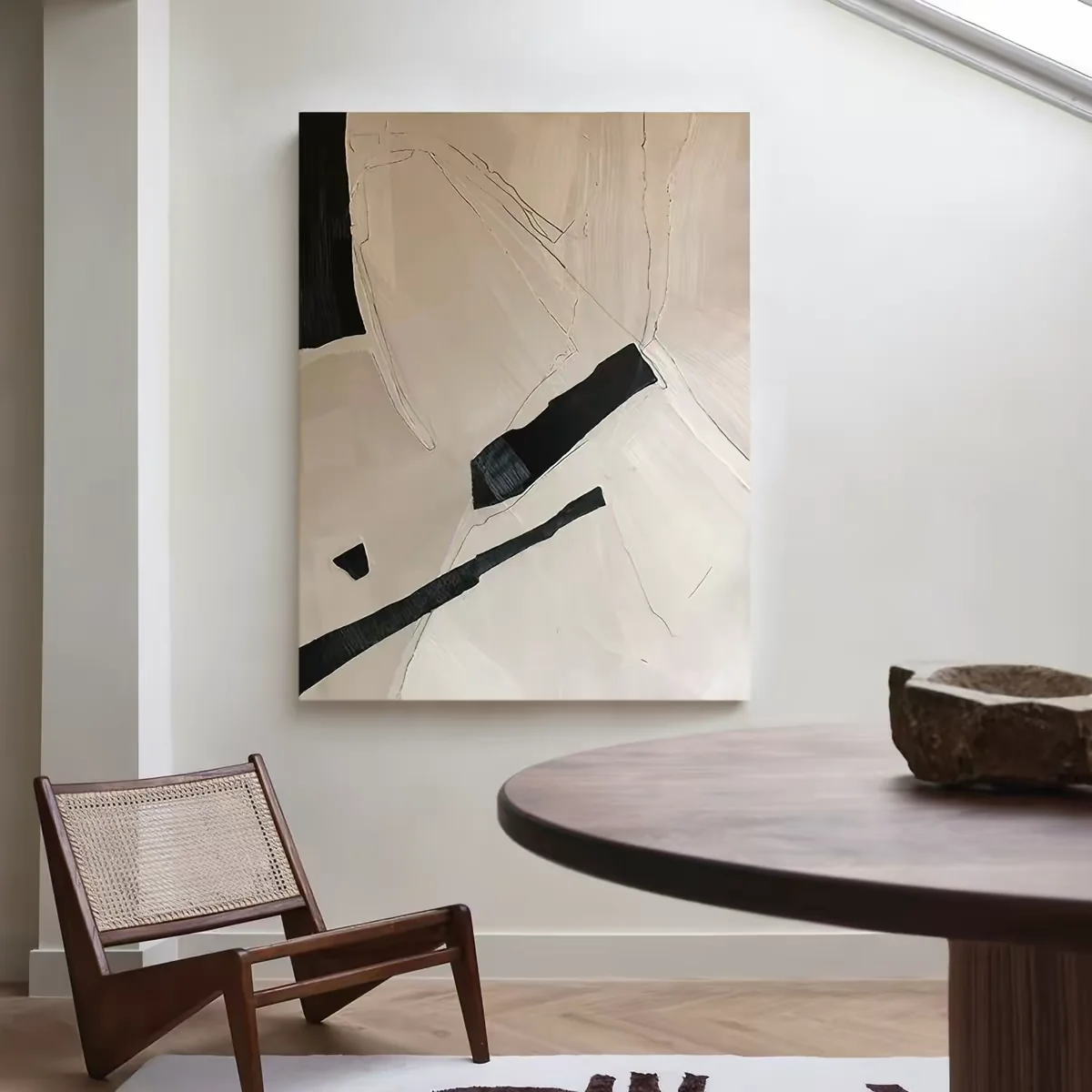 OilViva Beige Black Abstract Oil Painting | Minimalist Geometric Canvas Art - Image 3